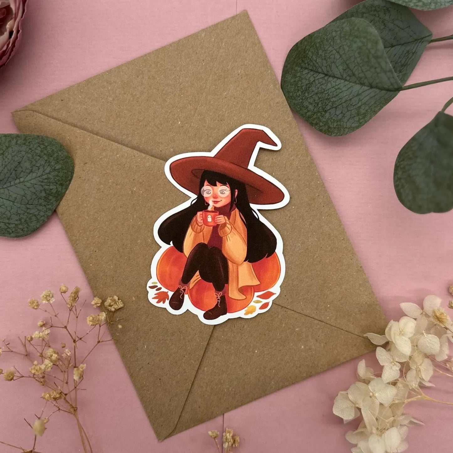 Hexen Sticker Bücherwurm - Herbstliche Vinylsticker für Leseratten mit Kürbis und Tasse - Bullet Journal