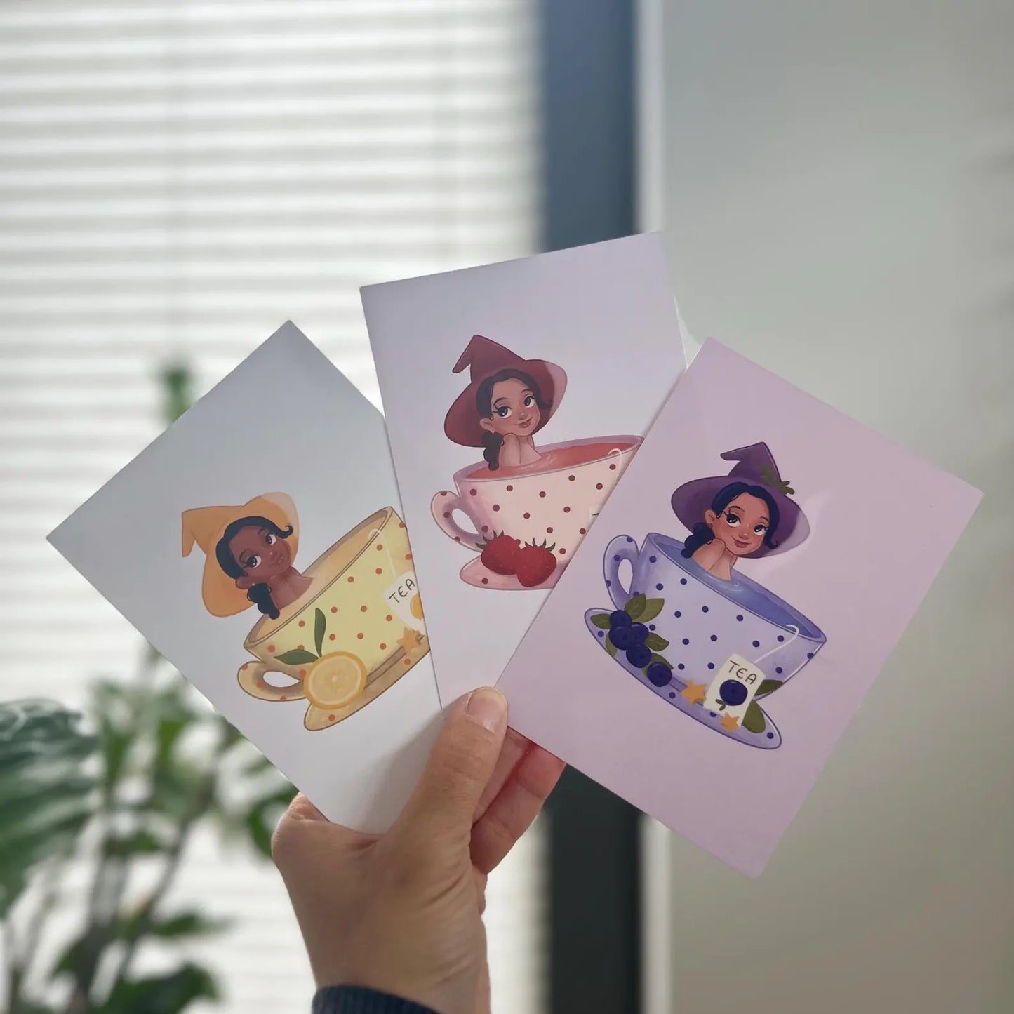 Hexen in der Teetasse - 3er Postkarten- Set mit Zitrone, Erdbeere und Blaubeere | A6 Illustration