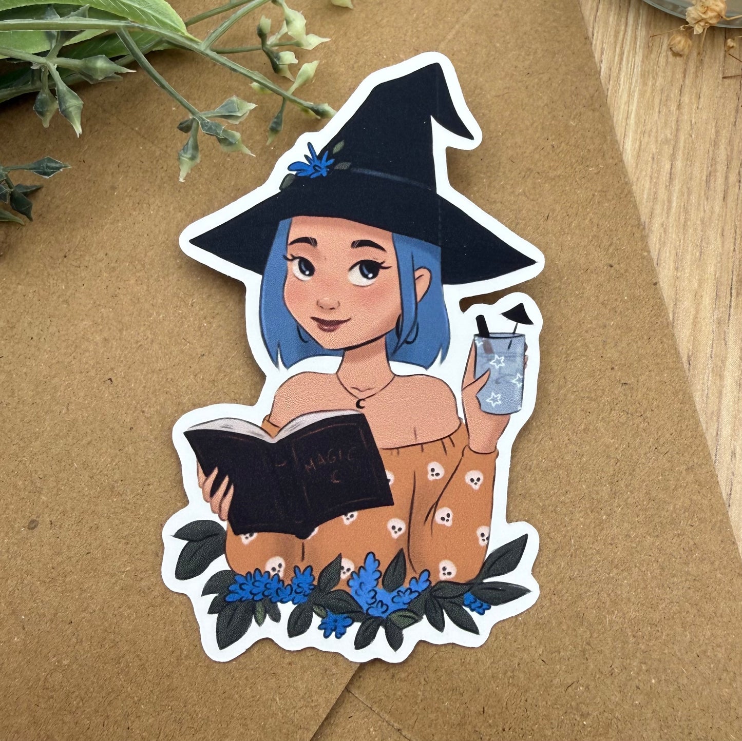 Blue Cozy Bookish Witch mit Icecoffee | Vinylsticker