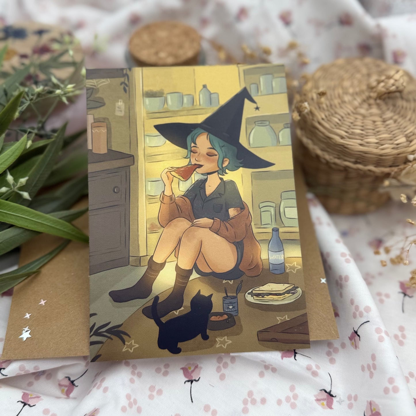 Postkarte „Soulfood“ Selbstliebe Postkarte Hexe mit Pizza