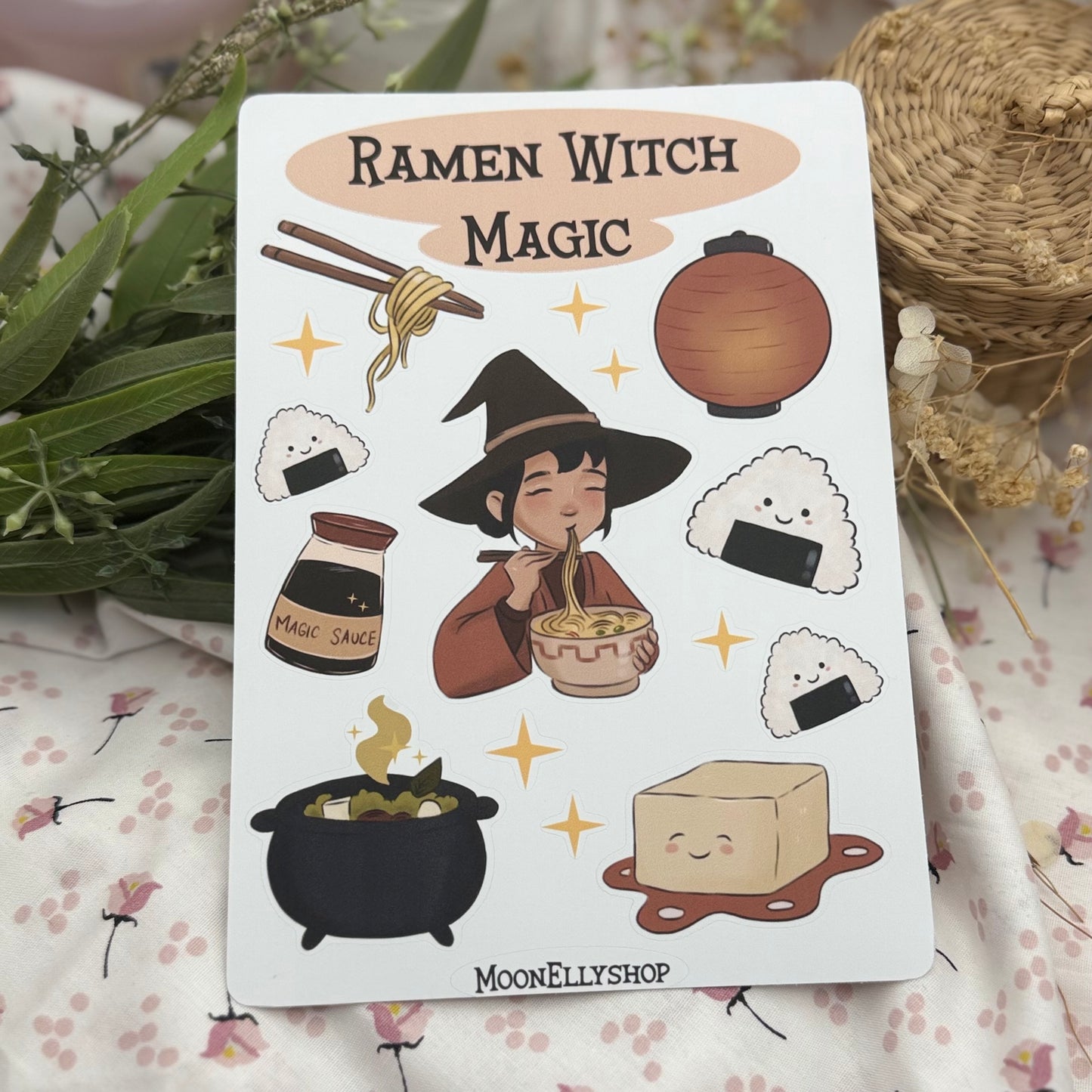 Ramen Witch Sticker Sheet – Kawaii Hexe mit Ramen | Japanische Food Sticker | Cute Witch Sticker | Laptop, Journal & Planner Sticker