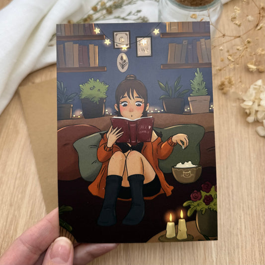 Cozy Reading Postkarte – Self Care Illustration – Bücherliebe – Dark Romance – Hygge Art Print – Geschenk für Leser
