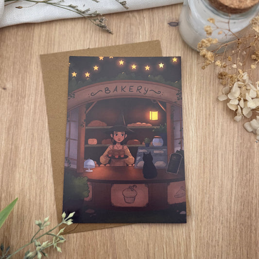 Cozy Witch Bakery Postkarte – magische Hexenbäckerei Illustration mit schwarzer Katze | gemütliche Fantasy Art Karte