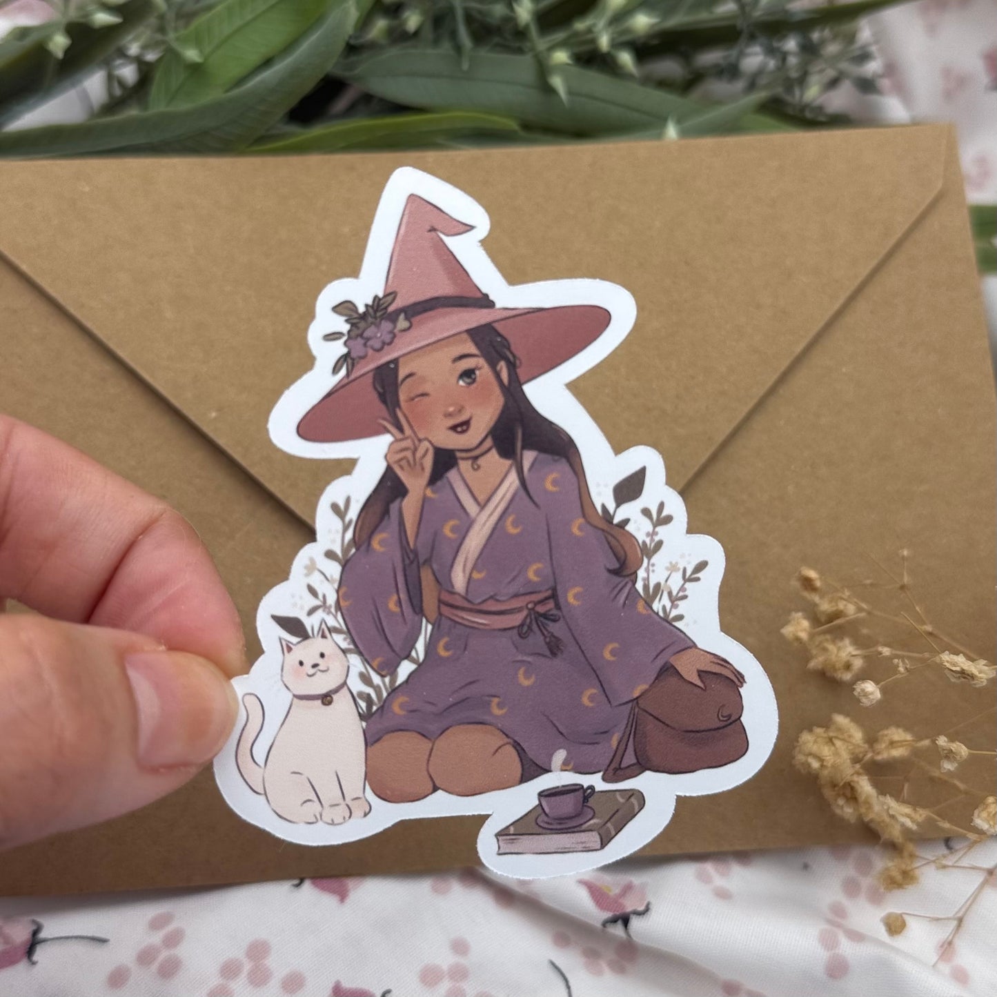 Cute Pink Witch Sticker – Kawaii Hexe mit weißer Katze und Teetasse | Cozy Witch Vinyl Sticker für Journal & Laptop