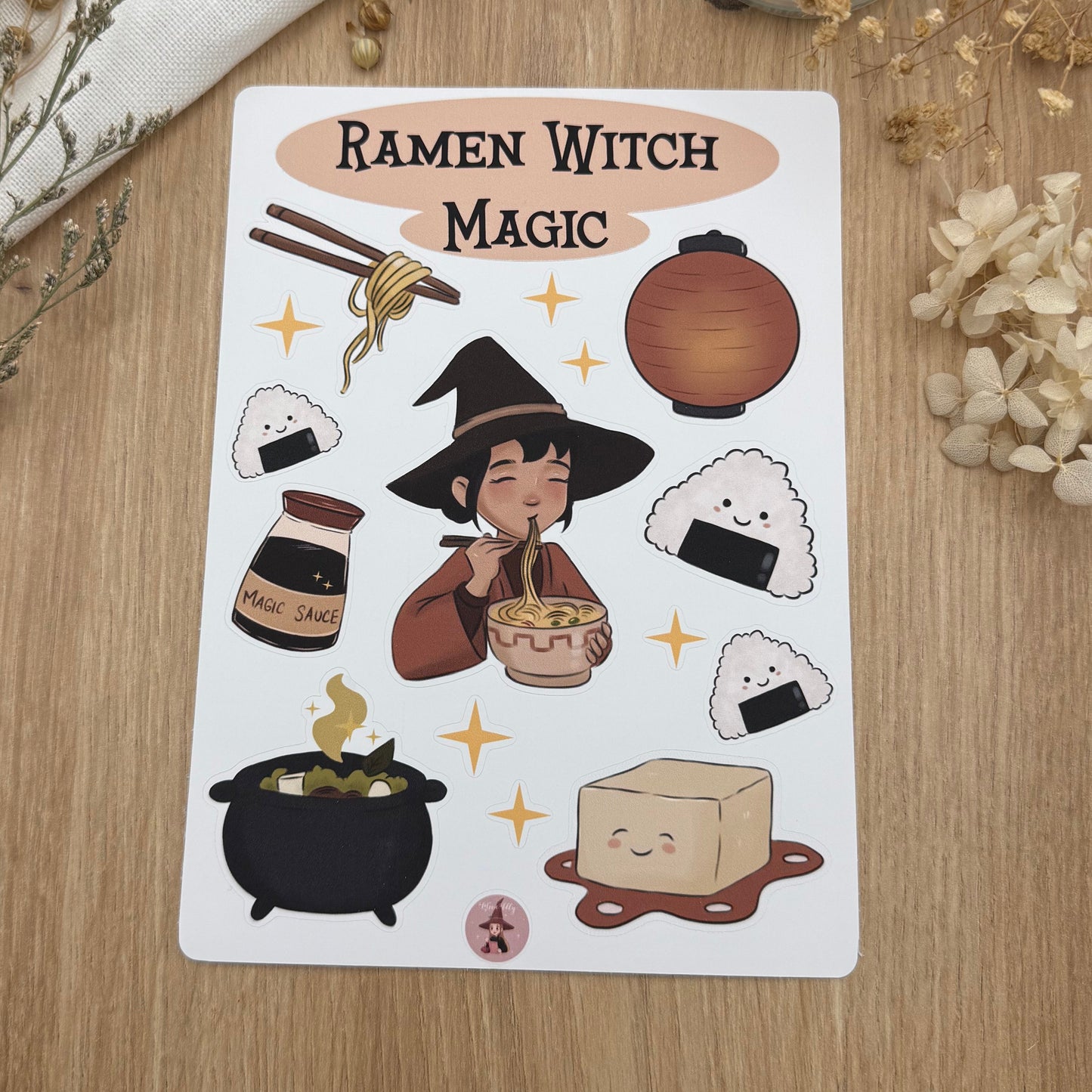 Ramen Witch Sticker Sheet – Kawaii Hexe mit Ramen | Japanische Food Sticker | Cute Witch Sticker | Laptop, Journal & Planner Sticker