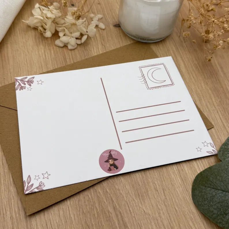 Hexen Postkarte „Nudelimbiss“ – Magische Illustration, lustige Hexenkarte, Streetfood & Mondschein