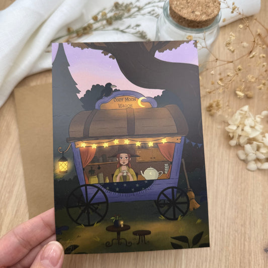 Cozy Moon Wagon – Magische Hexen Postkarte | Abendliche Ruhe & Safespace Gefühl