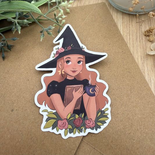 Cozy Bookish Witch mit Kaffee | Vinylsticker