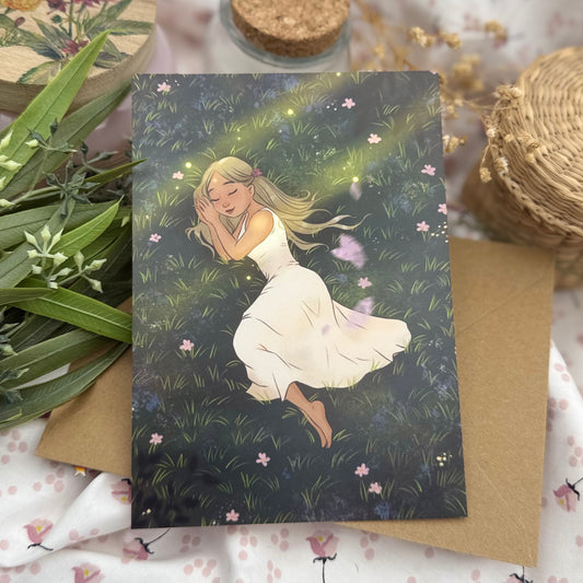 Verträumte Wald Postkarte – Frau im Blumenfeld – Cottagecore Illustration – Fairy Aesthetic Art – Natur Magie Postkarte
