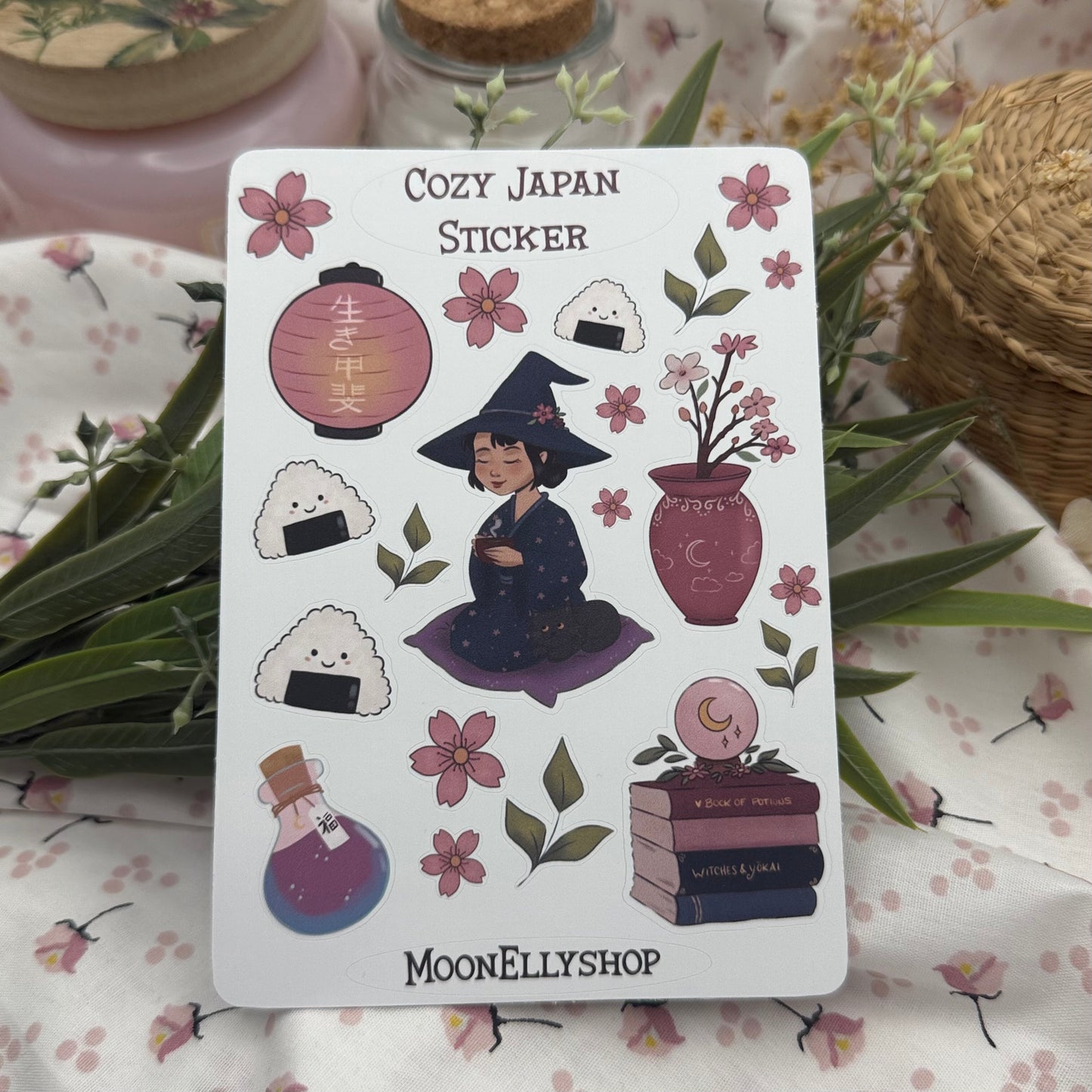 Cozy Japan Sticker Sheet | Kawaii Japan Stickerbogen mit Hexe, Sakura & Onigiri | Planner Sticker | Journaling