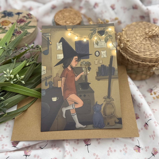 Gemütliche Hexe in der Küche – Magische Achtsamkeits-Postkarte | Witchcore Illustration | Cozy Art Print