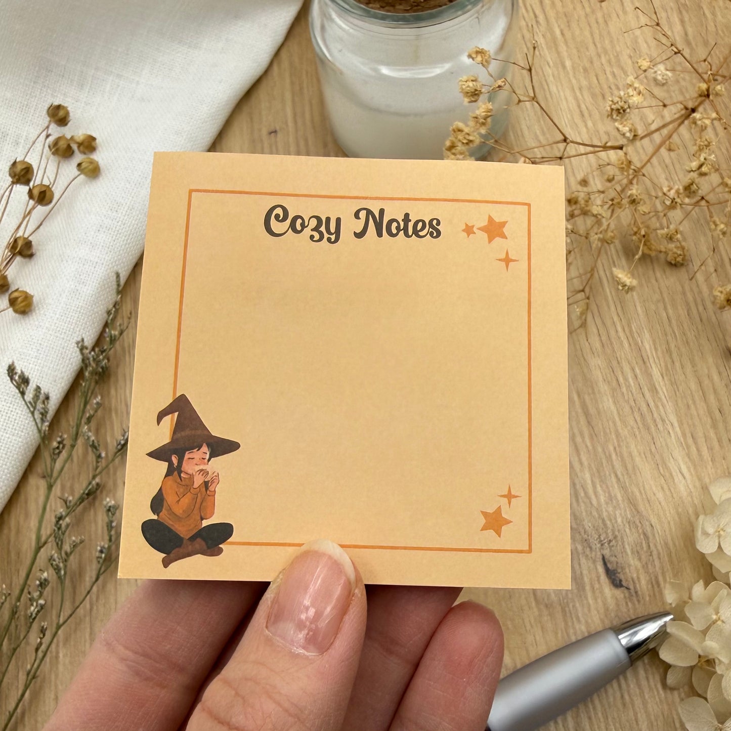 Cozy Notes – Haftnotizen mit Hexe, warme Journaling Sticky Notes, Notizzettel für Alltag & Rituale