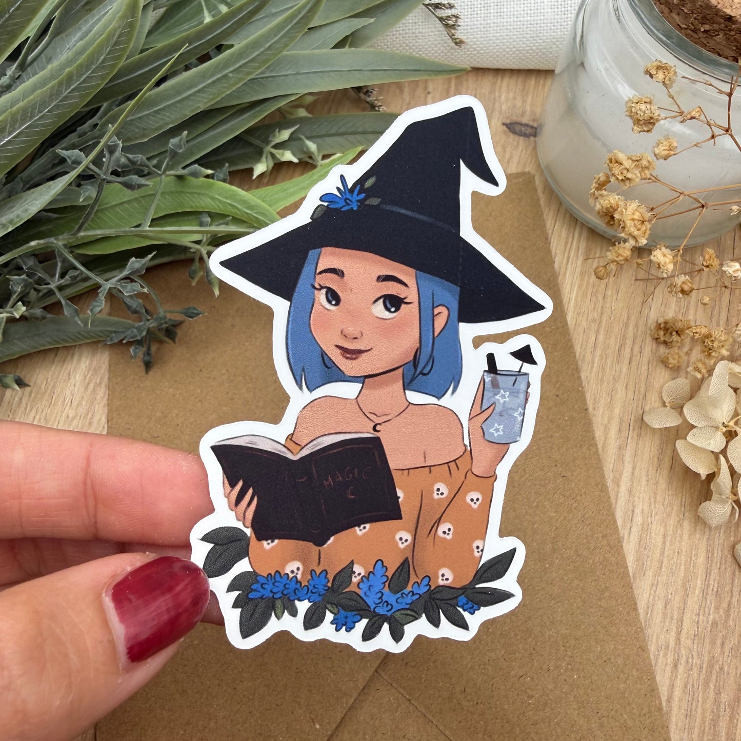 Blue Cozy Bookish Witch mit Icecoffee | Vinylsticker