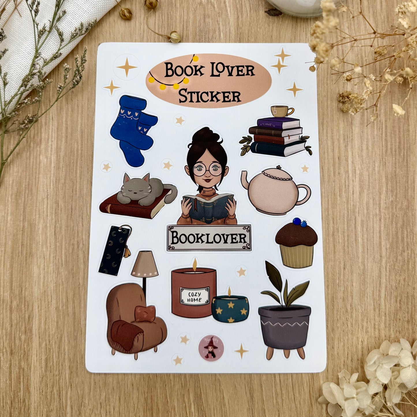 Cozy Book Lover Sticker Sheet – Witchy Reading Stickers – Vinyl Planner Stickers – Cute Bookish Stickers – Journal & Scrapbook Stickers