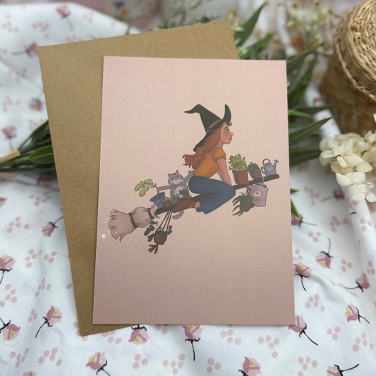 Plant Witch Postkarte – Hexe mit Pflanzen & Katze – Cottagecore Illustration – Cozy Witch Geschenk für Pflanzenliebhaber