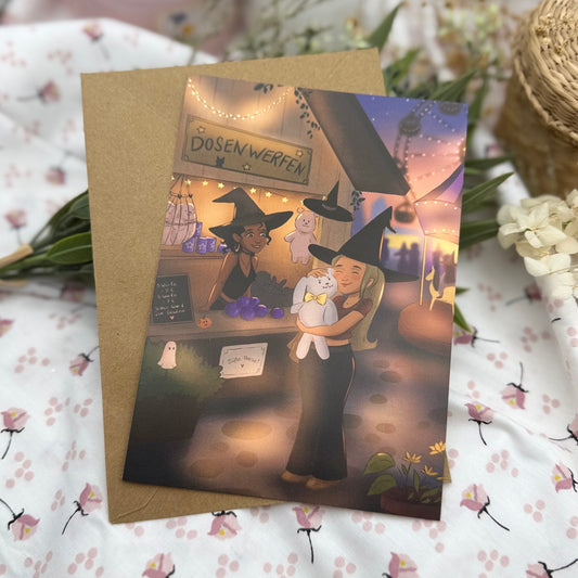 Halloween Hexenmarkt Postkarte – Cozy Witch Illustration – Magische Herbstkarte mit Hexen & Hase – Cottagecore Halloween Deko