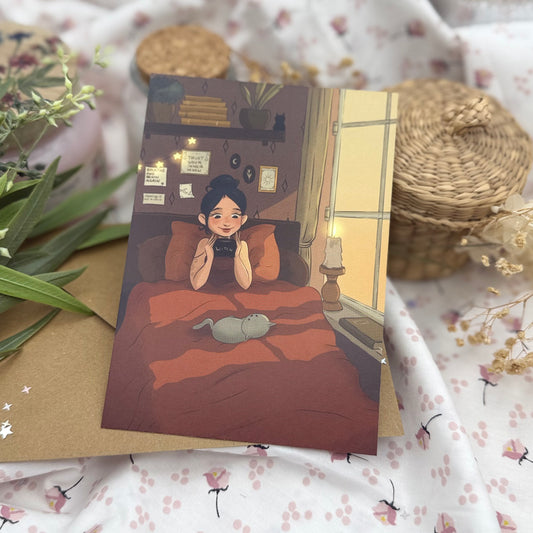 Gemütlichen Hexe im Bett – Warme Wohlfühl-Illustration | Magische Postkarte