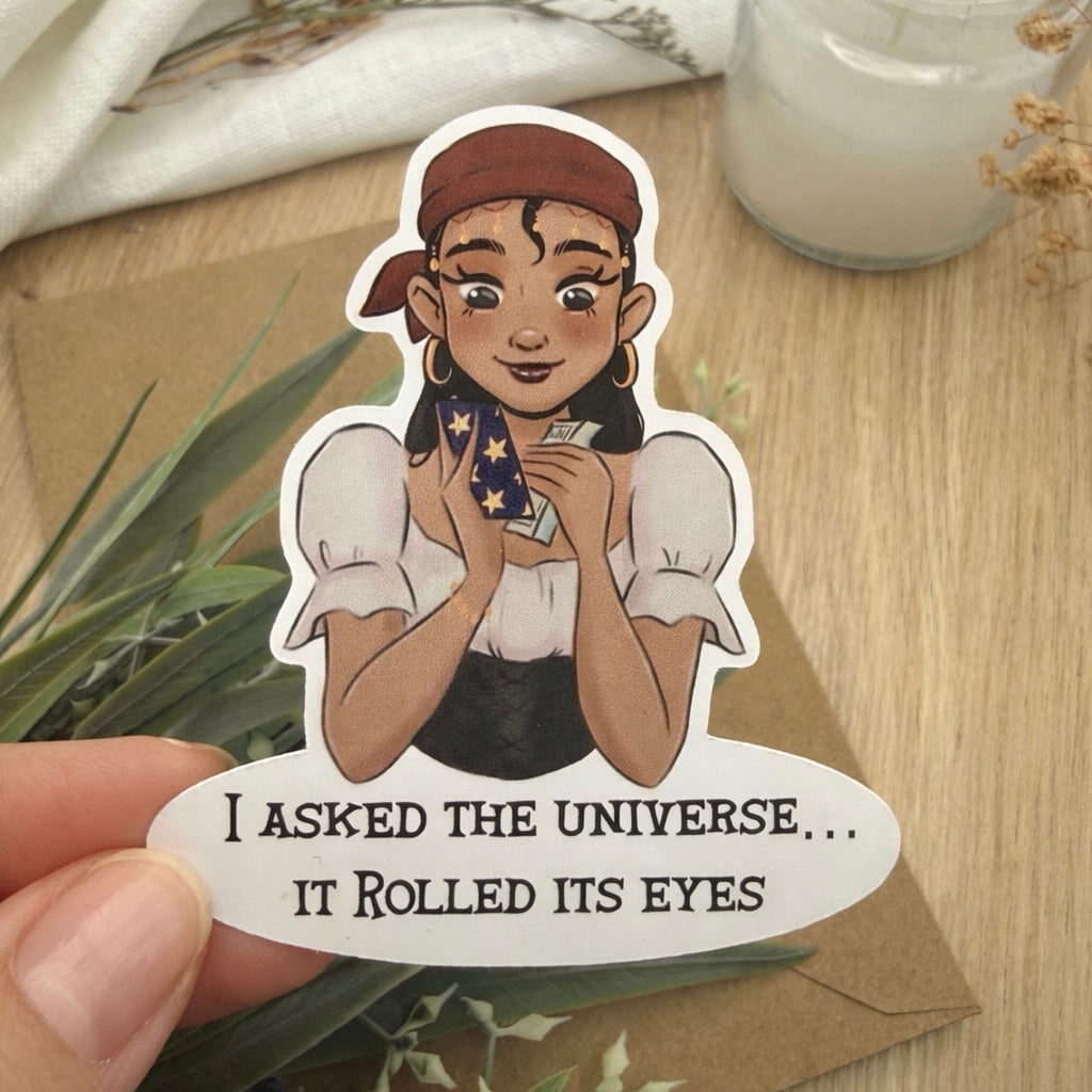 Witch Tarot Sticker – I Asked the Universe It Rolled Its Eyes – Funny Witch Sticker – Spiritual Humor – Aesthetic Vinyl Sticker – Cute Witch