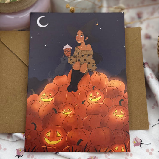 Cozy Halloween Postkarte mit Hexe & Katze | Pumpkin Spice Herbst Illustration | Autumn Vibes | Geschenk für Bücherliebhaber