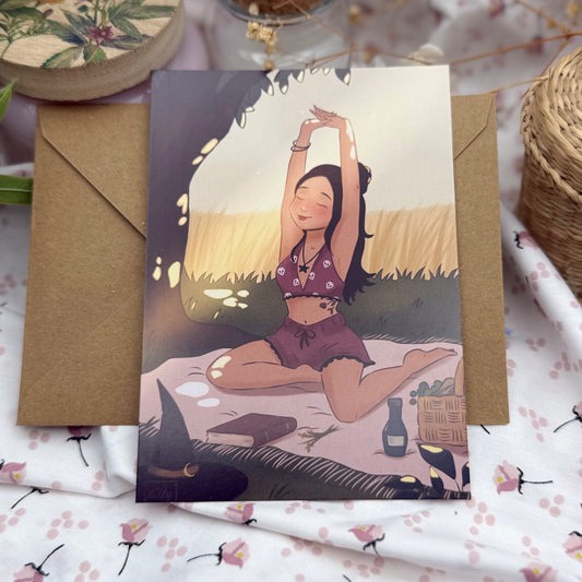 Zeit für mich – Achtsamkeits-Postkarte für Ruhe, Selbstfürsorge und Entspannung | Yoga Illustration | Cottagecore Geschenk