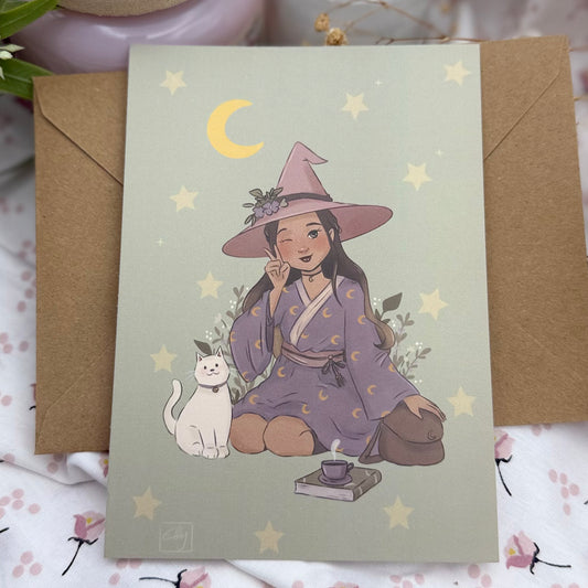 Cozy Witch Postkarte mit Katze | Magische Hexen Illustration | Cottagecore Fantasy Art | Geschenk für Bücherliebhaber