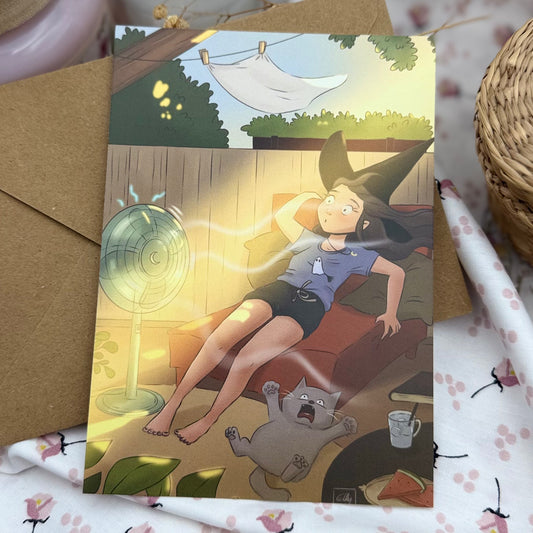 Cozy Witch Postkarte mit Katze | Lustige Hexen Illustration | Sommer Vibes | Witchy Geschenk | Niedliche Fantasy Postkarte