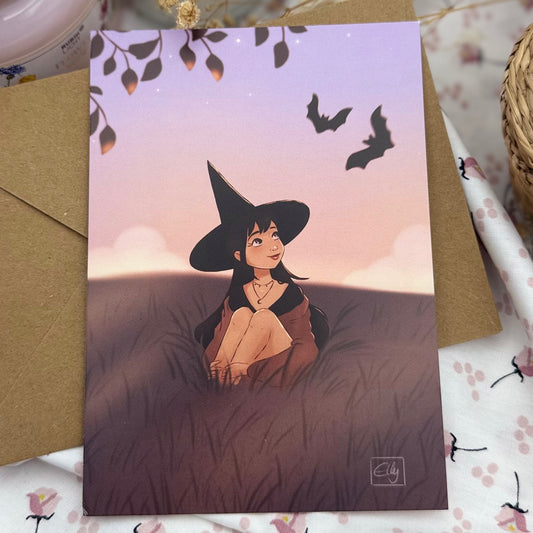 Cozy Witch Postkarte | Magische Hexen Illustration | Cottagecore Fantasy Art | Mystische Herbst Deko | Geschenk für Hexen Fans