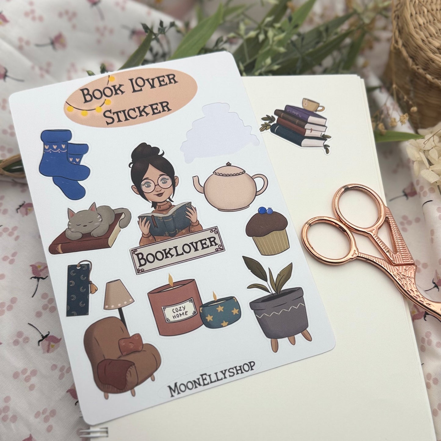 Cozy Book Lover Sticker Sheet – Witchy Reading Stickers – Vinyl Planner Stickers – Cute Bookish Stickers – Journal & Scrapbook Stickers