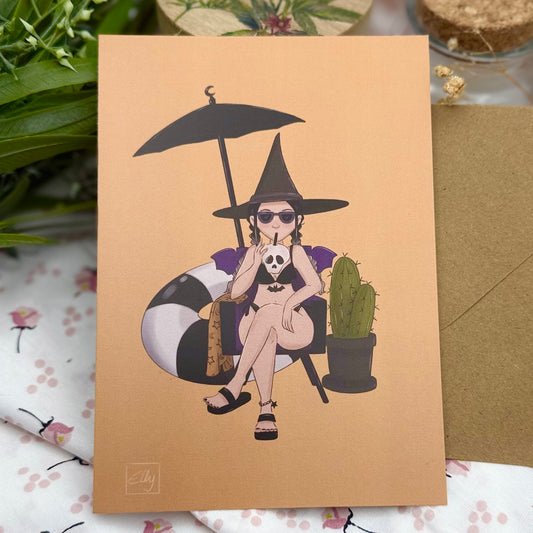 Summerween Postkarte Hexe am Pool | Cozy Halloween Illustration | Spooky Summer | Witchy Urlaub Deko | Gothic Sommer Geschenk