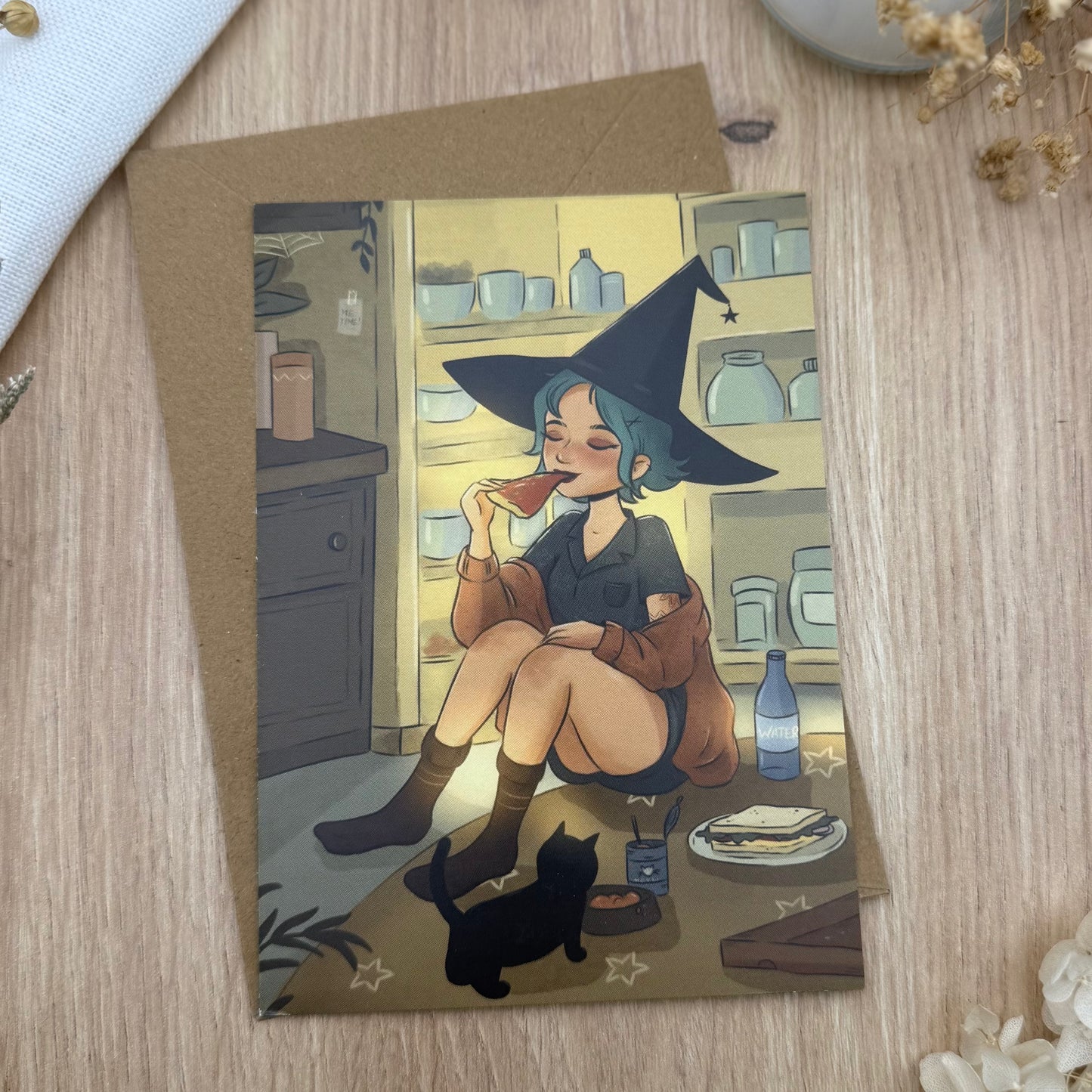 Postkarte „Soulfood“ Selbstliebe Postkarte Hexe mit Pizza