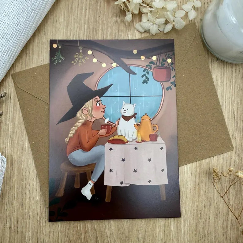 Postkarte Hexe mit Teetasse und Katze - Magischer Moment der Entspannung - Selfcare Illustration DIN A6 - Geschenk für Hexenfreunde