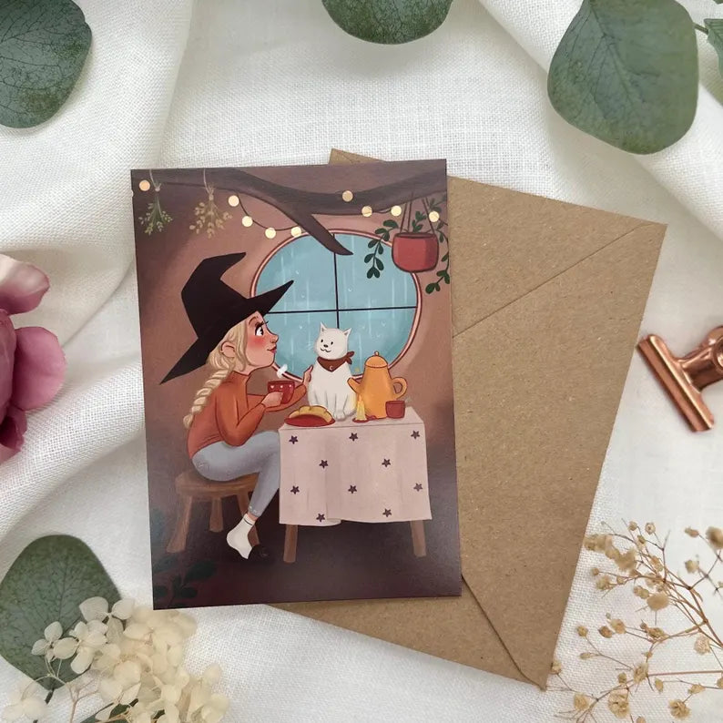 Postkarte Hexe mit Teetasse und Katze - Magischer Moment der Entspannung - Selfcare Illustration DIN A6 - Geschenk für Hexenfreunde