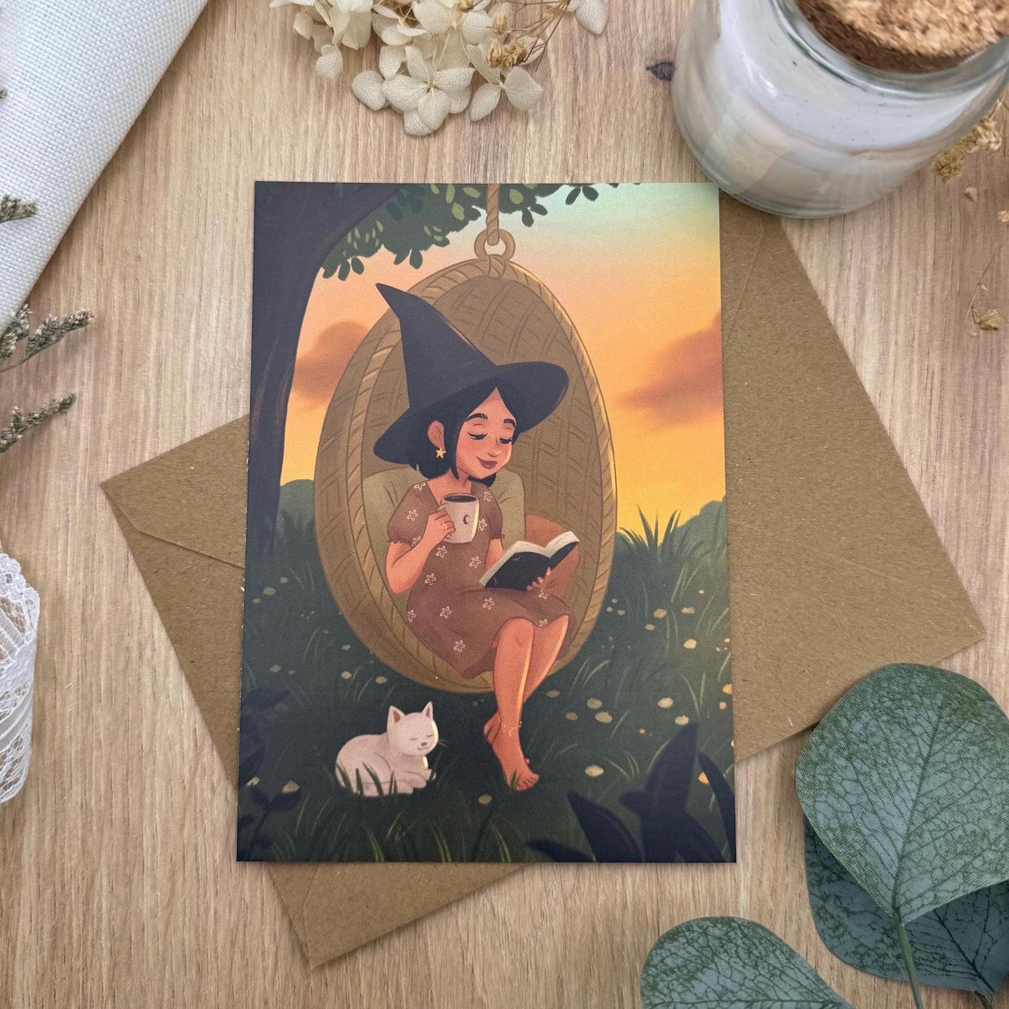 Hexen - Postkarte Entspannung in der Natur - Hängematte, Sonnenuntergang und Katze - Achtsamkeit und Selfcare