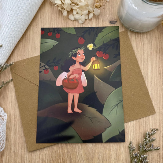 Wichtel Mädchen mit Erdbeeren- Postkarte DIN A6