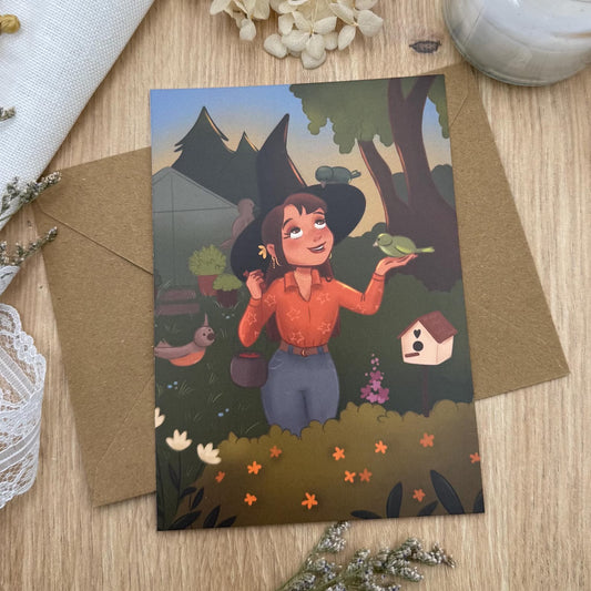 Hexe mit Vögeln im Garten - Naturverbunden und friedlich