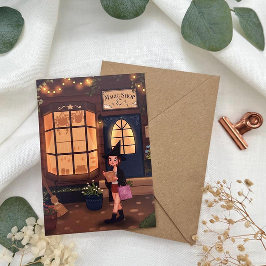 Magischer Einkauf- Hexe im Zauberladen | A6 Postkarte für Bücherliebhaber:innen