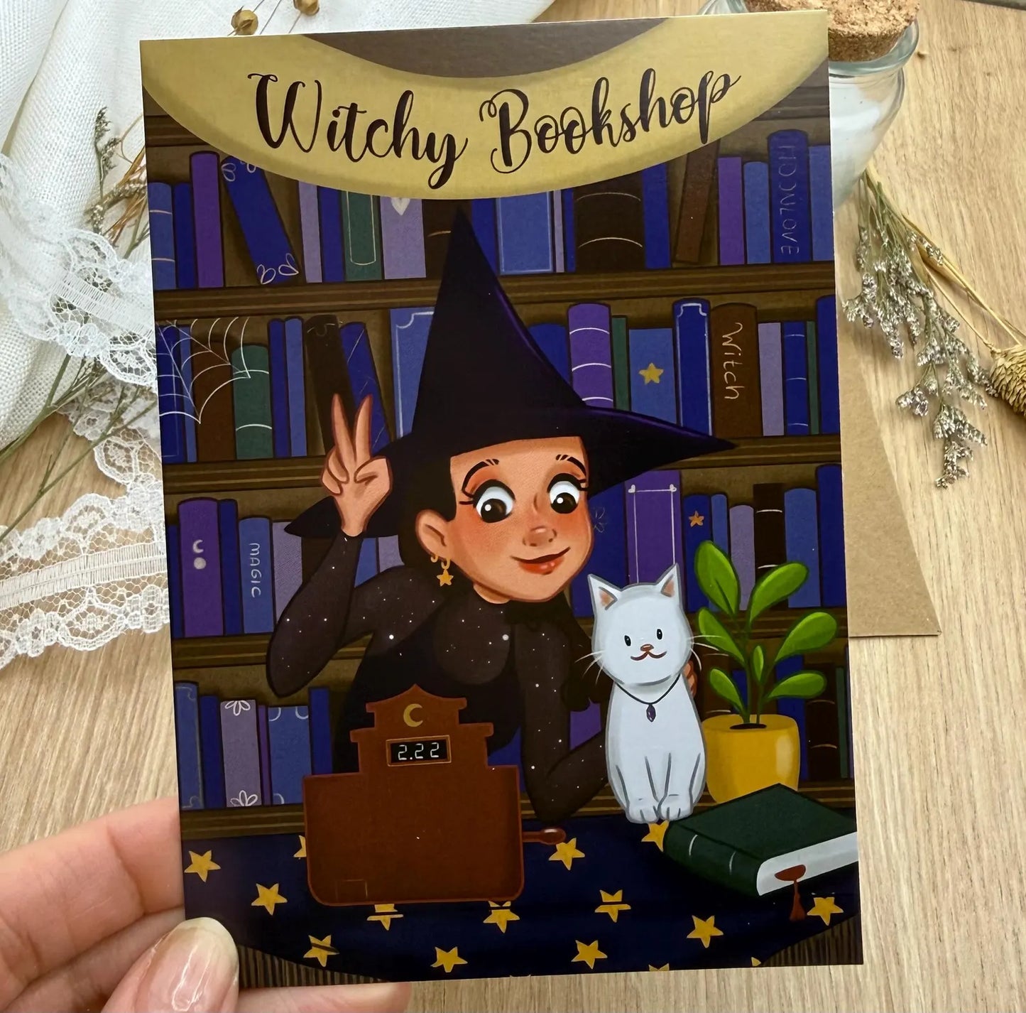 Postkarte Hexen-Buchladen - Magischer Buchladen für Bücherliebhaber, A6 Illustration