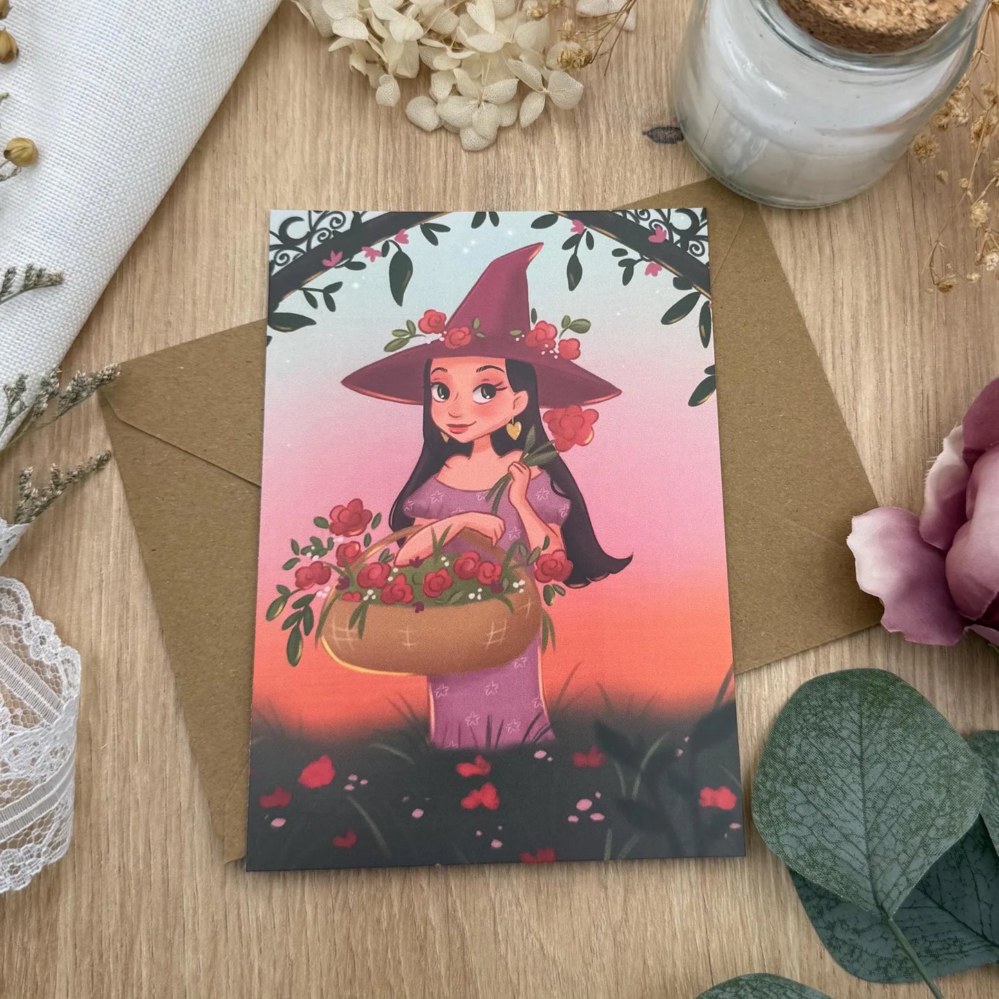 Achtsamkeit in der Natur Karte- Hexe mit Blumen im Sonnenuntergang