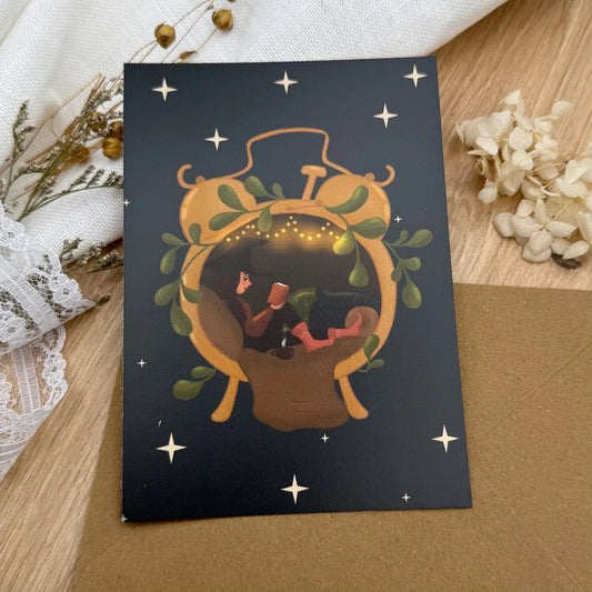Magische Wecker - Postkarte - Hexe beim Lesen - Achtsamkeit und Zeit für dich