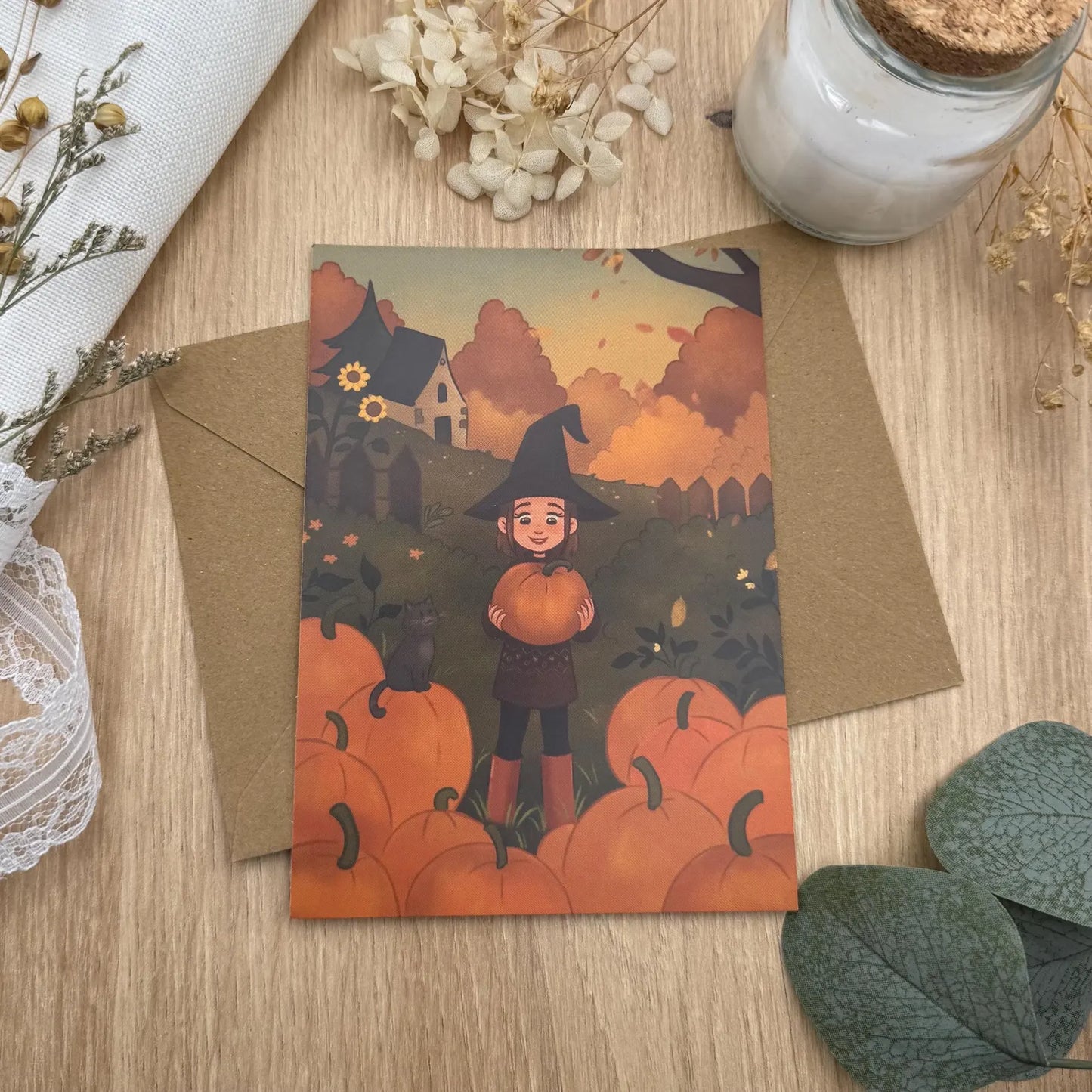 Halloween Postkarte Kürbis Hexe - Gartenhexe - Herbst Deko Karte DIN A6 -