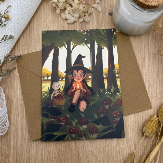 Postkarte „Waldhexe & Pilzglück“ – Magisches Herbstmotiv mit Katze, A6