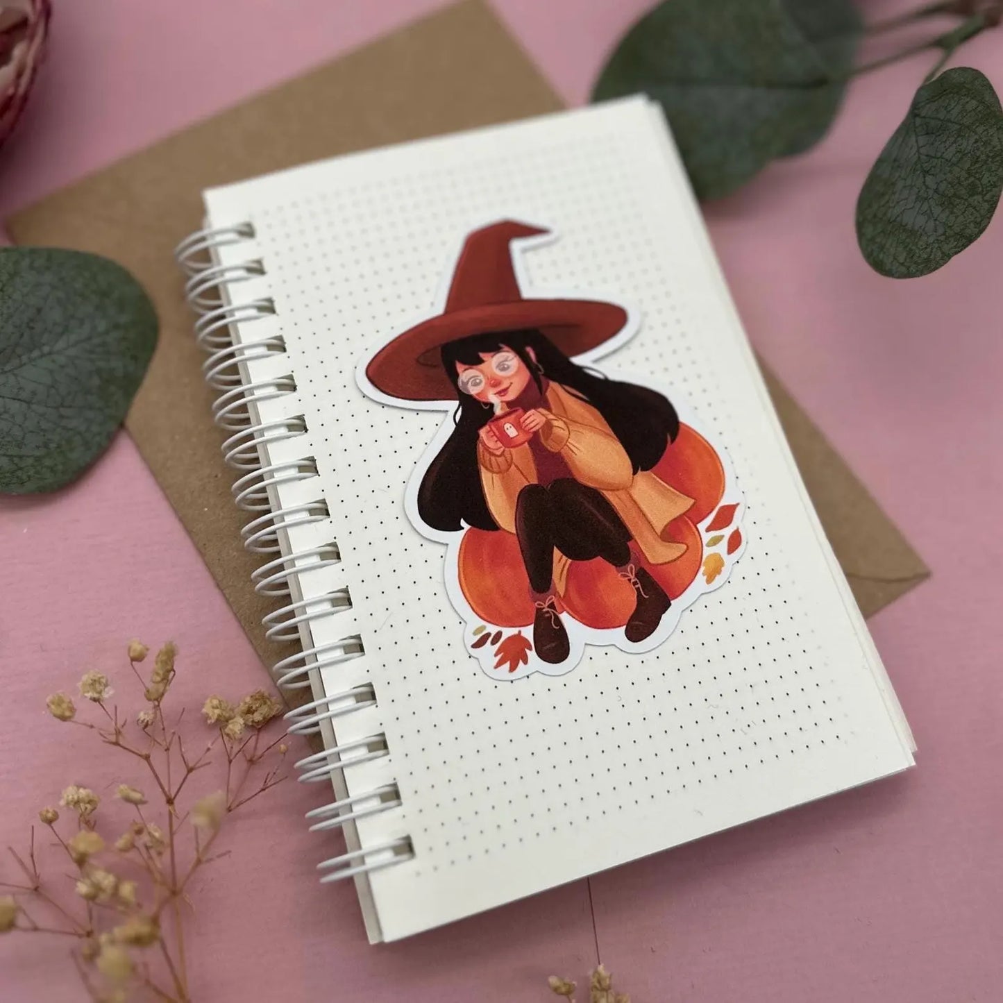 Hexen Sticker Bücherwurm - Herbstliche Vinylsticker für Leseratten mit Kürbis und Tasse - Bullet Journal