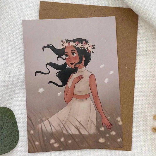 Postkarte ‚Im Einklang‘ – achtsame Illustration mit Blumenkranz, Natur & Leichtigkeit A6