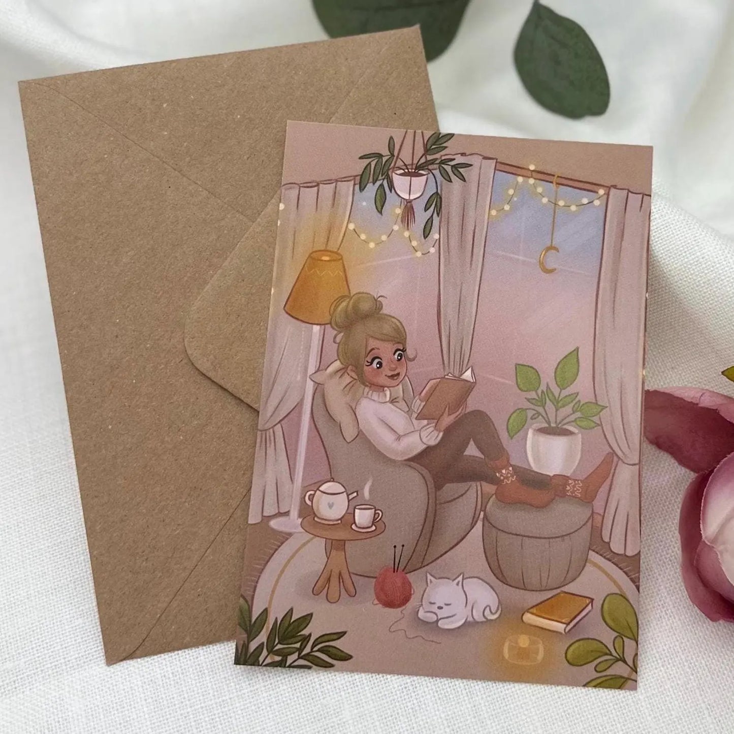 Cozy Selfcare mit Buch- Postkarte mit Katze und Achtsamkeit | A6 Karte