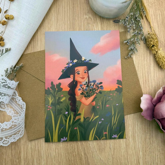 Kräuterhexe Postkarte- Naturverbundene A6 Illustration mit Wiesenmagie