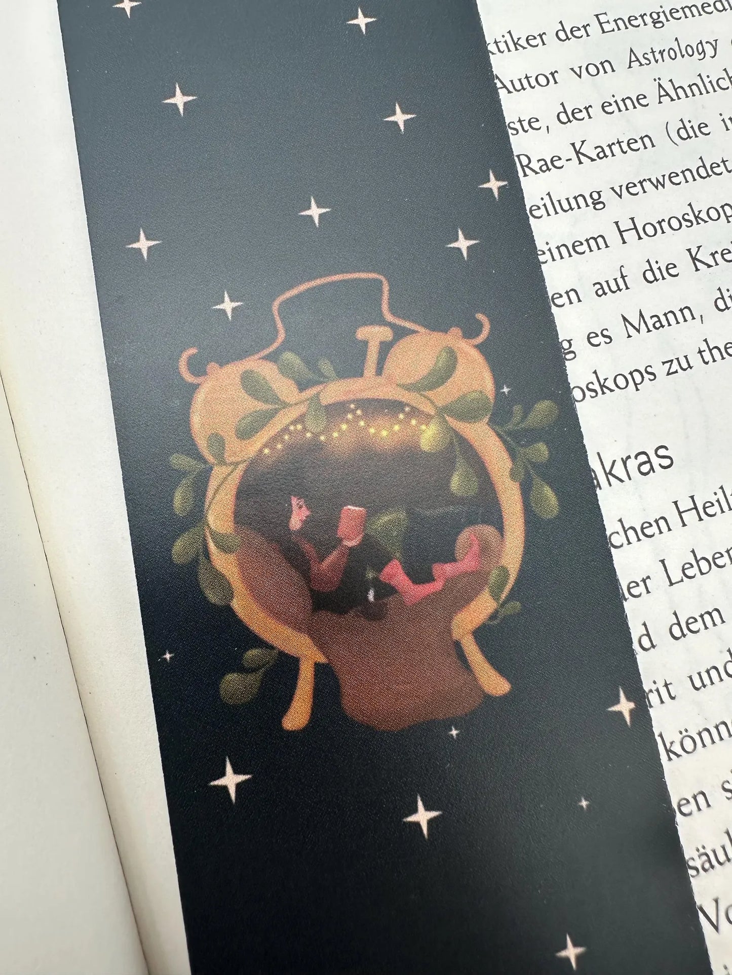 Lesezeichen Hexe im Wecker – Magische Illustration für Bücherliebhaber | Witchy Geschenk für Leseratten