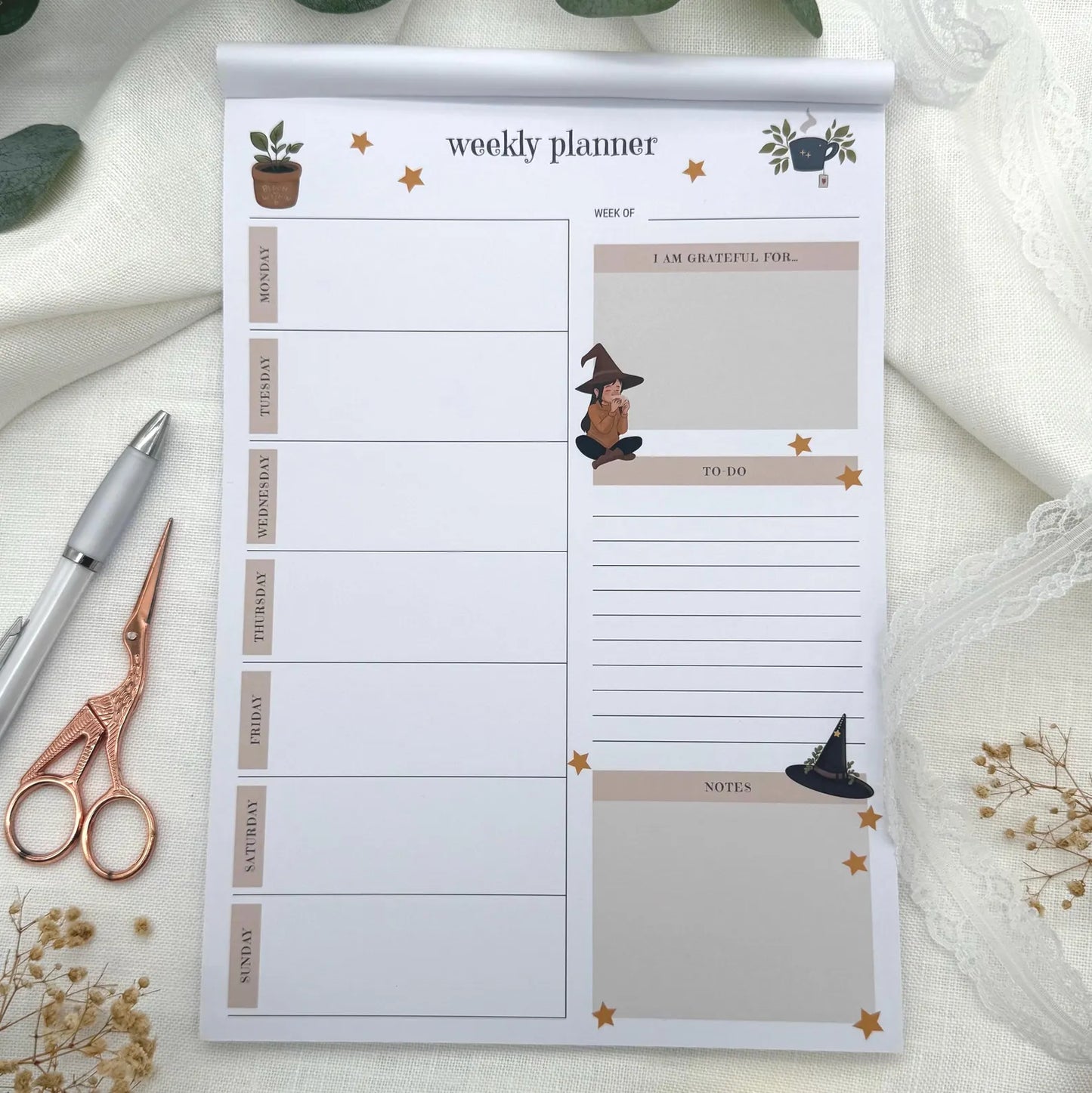 Weekly Planner / Wochenplaner A4 / Magischer Wochenblock mit To-do-Liste & Dankbarkeitsfeld | Hexenplaner