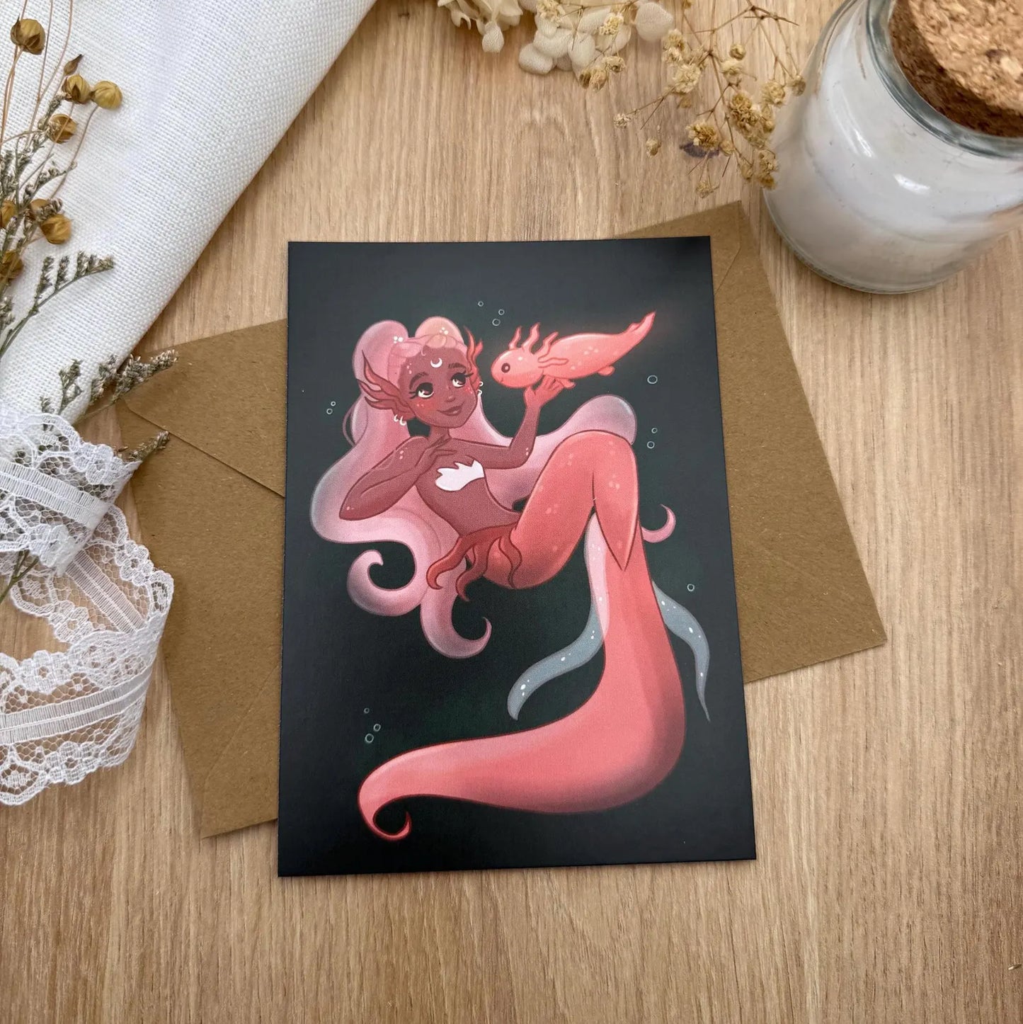 Axolotl Meerjungfrau Postkarte – Verspielte Unterwasser Illustration | Magische Freundschaft Karte für Kinder & Herzmenschen