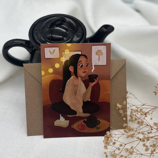 Postkarte Gute Besserung -  Tee und Wärme - Genesungskatte DIN A6 - liebevoller Gruß bei Krankheit