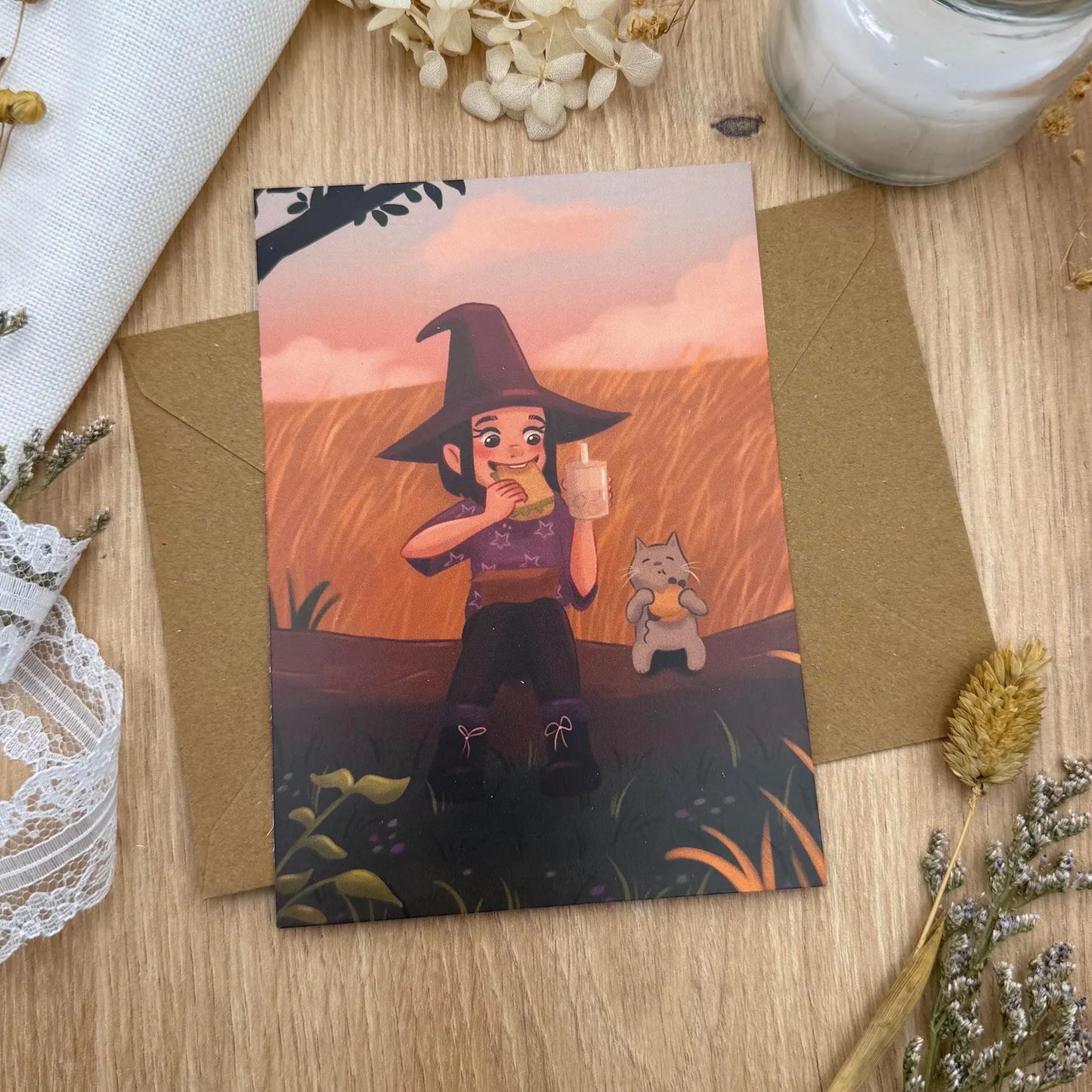 Hexe und Katze beim Picknick - Achtsamkeits - Postkarte |  DIN A6 Illustration